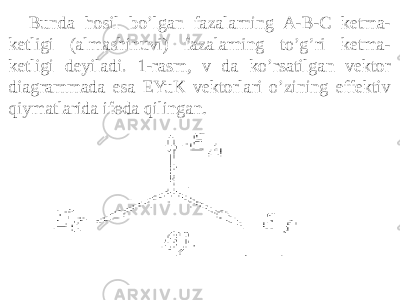 Bunda hosil bo’lgan fazalarning A-B-C ketma- ketligi (almashinuvi) fazalarning toʼgʼri ketma- ketligi deyiladi. 1-rasm, v da koʼrsatilgan vektor diagrammada esa EYuK vektorlari oʼzining effektiv qiymatlarida ifoda qilingan. 