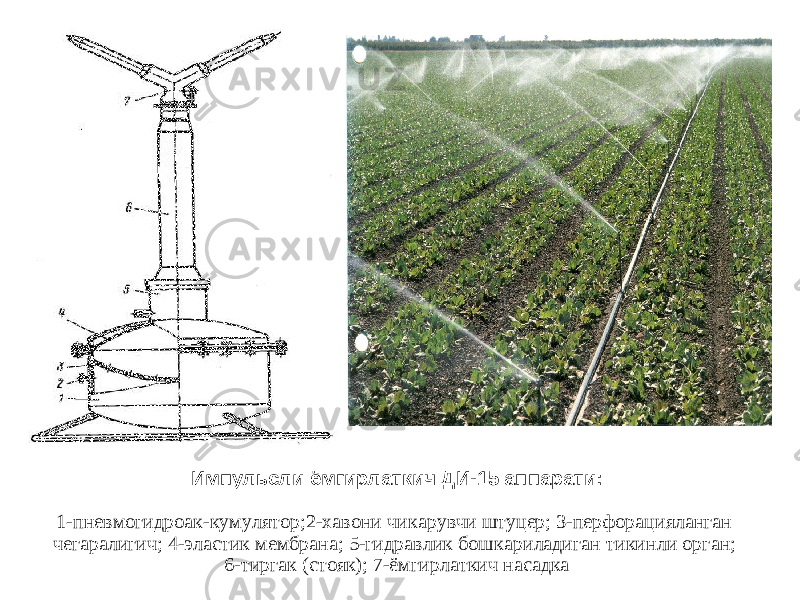 Импульсли ём г ирлаткич ДИ-15 аппарати: 1-пневмогидроак - кумулятор;2- х авони чи к ару в чи штуцер; 3-перфорацияланган чегаралигич; 4-эластик мембрана; 5-гидравлик бош к ариладиган ти к инли орган; 6-тиргак (стояк); 7-ём г ирлаткич насадка 