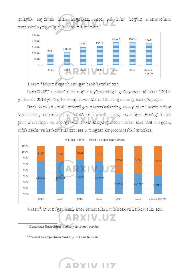 qulaylik tug‘dirish bilan birgalikda, naqd pul bilan bog‘liq muammolarni osonlashtirayotganligini ko‘rishimiz mumkin. 1-rasm. 2 Muomalaga chiqarilgan bank kartalari soni Izoh: DUET kartalari bilan bog‘liq loyihalarning tugatilayotganligi sababli 2017 yil hamda 2018 yilning 1-choragi davomida kartalarning umumiy soni qisqargan Bank kartalari orqali o‘tkazilgan operatsiyalarning asosiy qismi savdo to‘lov terminallari, bankomatlar va infokiosklar orqali amalga oshirilgan. Hozirgi kunda jami o‘rnatilgan va aholiga xizmat ko‘rsatayotgan terminallar soni 238 mingdan, infokiosklar va bankomatlar soni esa 6 mingdan ko‘proqni tashkil etmokda. 2-rasm 3 . O‘rnatilgan hisob-kitob terminallari, infokiosk va bankomatlar soni 2 O‘zbekiston Respublikasi Markaziy banki ma’lumotlari 3 O‘zbekiston Respublikasi Markaziy banki ma’lumotlari 