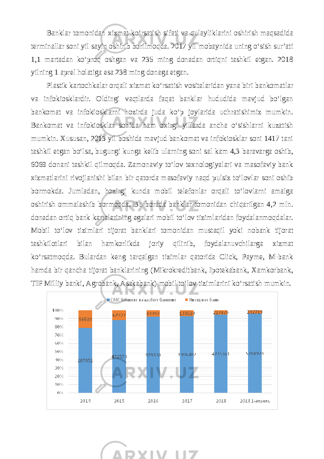 Banklar tomonidan xizmat ko‘rsatish sifati va qulayliklarini oshirish maqsadida terminallar soni yil sayin oshirib borilmoqda. 2017 yil mobaynida uning o‘sish sur’ati 1,1 martadan ko‘proq oshgan va 235 ming donadan ortiqni tashkil etgan. 2018 yilning 1 aprel holatiga esa 238 ming donaga etgan. Plastik kartochkalar orqali xizmat ko‘rsatish vositalaridan yana biri bankomatlar va infokiosklardir. Oldingi vaqtlarda faqat banklar hududida mavjud bo‘lgan bankomat va infokiosklarni hozirda juda ko‘p joylarida uchratishimiz mumkin. Bankomat va infokiosklar sonida ham oxirgi yillarda ancha o‘sishlarni kuzatish mumkin. Xususan, 2013 yil boshida mavjud bankomat va infokiosklar soni 1417 tani tashkil etgan bo‘lsa, bugungi kunga kelib ularning soni sal kam 4,3 baravarga oshib, 6069 donani tashkil qilmoqda. Zamonaviy to‘lov texnologiyalari va masofaviy bank xizmatlarini rivojlanishi bilan bir qatorda masofaviy naqd pulsiz to‘lovlar soni oshib bormokda. Jumladan, hozirgi kunda mobil telefonlar orqali to‘lovlarni amalga oshirish ommalashib bormoqda. Bu borada banklar tomonidan chiqarilgan 4,2 mln. donadan ortiq bank kartalarining egalari mobil to‘lov tizimlaridan foydalanmoqdalar. Mobil to‘lov tizimlari tijorat banklari tomonidan mustaqil yoki nobank tijorat tashkilotlari bilan hamkorlikda joriy qilinib, foydalanuvchilarga xizmat ko‘rsatmoqda. Bulardan keng tarqalgan tizimlar qatorida Click, Payme, M-bank hamda bir qancha tijorat banklarining (Mikrokreditbank, Ipotekabank, Xamkorbank, TIF Milliy banki, Agrobank, Asakabank) mobil to‘lov tizimlarini ko‘rsatish mumkin. 