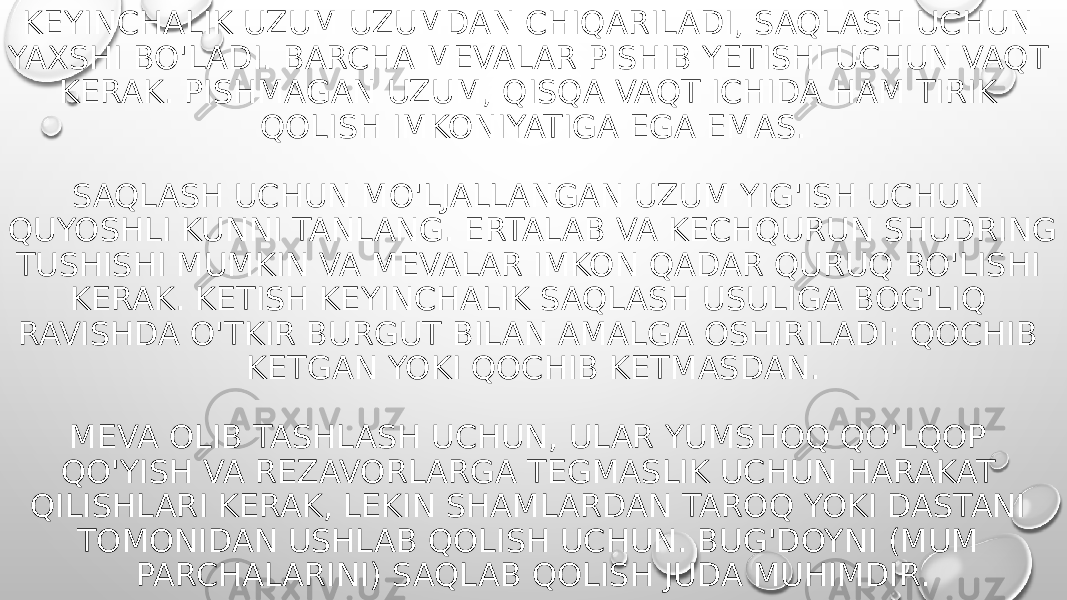 KEYINCHALIK UZUM UZUMDAN CHIQARILADI, SAQLASH UCHUN YAXSHI BO&#39;LADI. BARCHA MEVALAR PISHIB YETISHI UCHUN VAQT KERAK. PISHMAGAN UZUM, QISQA VAQT ICHIDA HAM TIRIK QOLISH IMKONIYATIGA EGA EMAS. SAQLASH UCHUN MO&#39;LJALLANGAN UZUM YIG&#39;ISH UCHUN QUYOSHLI KUNNI TANLANG. ERTALAB VA KECHQURUN SHUDRING TUSHISHI MUMKIN VA MEVALAR IMKON QADAR QURUQ BO&#39;LISHI KERAK. KETISH KEYINCHALIK SAQLASH USULIGA BOG&#39;LIQ RAVISHDA O&#39;TKIR BURGUT BILAN AMALGA OSHIRILADI: QOCHIB KETGAN YOKI QOCHIB KETMASDAN. MEVA OLIB TASHLASH UCHUN, ULAR YUMSHOQ QO&#39;LQOP QO&#39;YISH VA REZAVORLARGA TEGMASLIK UCHUN HARAKAT QILISHLARI KERAK, LEKIN SHAMLARDAN TAROQ YOKI DASTANI TOMONIDAN USHLAB QOLISH UCHUN. BUG&#39;DOYNI (MUM PARCHALARINI) SAQLAB QOLISH JUDA MUHIMDIR. 