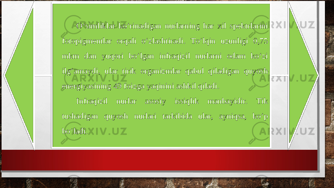 O‘simliklar ko‘rinadigan nurlarning har xil spektrlarini fotopigmentlar orqali o‘zlashtiradi. To‘lqin uzunligi 0,75 mkm dan yuqori bo‘lgan infraqizil nurlarni odam ko‘zi ilg‘amaydi, ular tirik organizmlar qabul qiladigan quyosh energiyasining 49 foizga yaqinini ashkil qiladi. Infraqizil nurlar asosiy issiqlik manbayidir. Tik tushadigan quyosh nurlari tarkibida ular, ayniqsa, ko‘p bo‘ladi. 