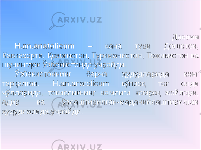 Давоми H.an.anatolicum – кана тури Доғистон, Кавказорти, Қозоғистон, Туркманистон, Тожикистон ва шунингдек Ўзбекистонда учрайди. Ўзбекистоннинг барча ҳудудларида кенг тарқалган. H.an.anatolicum кўпроқ тоғ олди чўлларида, текисликнинг намлиги камроқ жойлари, адир ва ўзлаштирилган-маданийлаштирилган ҳудудларида учрайди. 