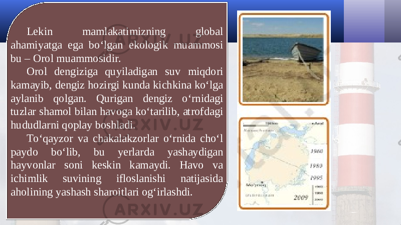 Lekin mamlakatimizning global ahamiyatga ega bo‘lgan ekologik muammosi bu – Orol muammosidir. Orol dengiziga quyiladigan suv miqdori kamayib, dengiz hozirgi kunda kichkina ko‘lga aylanib qolgan. Qurigan dengiz o‘rnidagi tuzlar shamol bilan havoga ko‘tarilib, atrofdagi hududlarni qoplay boshladi. To‘qayzor va chakalakzorlar o‘rnida cho‘l paydo bo‘lib, bu yerlarda yashaydigan hayvonlar soni keskin kamaydi. Havo va ichimlik suvining ifloslanishi natijasida aholining yashash sharoitlari og‘irlashdi. 