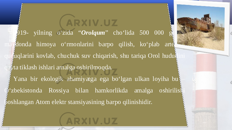 2019- yilning o‘zida “ Orolqum ” cho‘lida 500 000 gektar maydonda himoya o‘rmonlarini barpo qilish, ko‘plab artezian quduqlarini kovlab, chuchuk suv chiqarish, shu tariqa Orol hududini qayta tiklash ishlari amalga oshirilmoqda. Yana bir ekologik ahamiyatga ega bo‘lgan ulkan loyiha bu – O‘zbekistonda Rossiya bilan hamkorlikda amalga oshirilishi boshlangan Atom elektr stansiyasining barpo qilinishidir. 