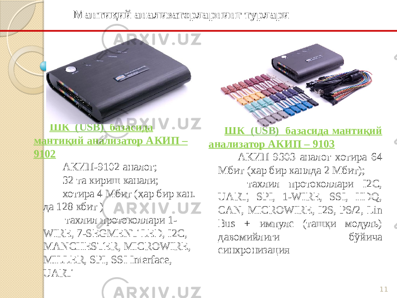 11Мантиқий анализаторларнинг турлари ШК (USB) базасида мантиқий анализатор АКИП – 9102 - АКИП-9102 аналог; - 32 та кириш канали; - хотира 4 Мбит (ҳар бир кан. да 128 кбит ) - тахлил протоколлари 1- WIRE, 7-SEGMENT LED, I2C, MANCHESTER, MICROWIRE, MILLER, SPI, SSI Interface, UART ШК (USB) базасида мантиқий анализатор АКИП – 9103 - АКИП 9303 аналог хотира 64 Мбит (хар бир канлда 2 Мбит); - тахлил протоколлари I2C, UART, SPI, 1-WIRE, SSI, HDQ, CAN, MICROWIRE, I2S, PS/2, Lin Bus + импулс (ташқи модуль) давомийлиги бўйича синхронизация 