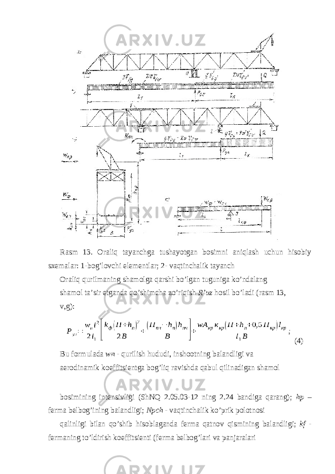 Rasm 13. Oraliq tayanchga tushayotgan bosimni aniqlash uchun hisobiy sxemalar: 1-bog’lovchi elementlar; 2- vaqtinchalik tayanch Oraliq qurilmaning shamolga qarshi bo’lgan tuguniga ko’ndalang shamol ta’sir etganda qo’shimcha zo’riqish R’uz hosil bo’ladi (rasm 13, v,g): (4) Bu formulada wn - qurilish hududi, inshootning balandligi va aerodinamik koeffitsientga bog’liq ravishda qabul qilinadigan shamol bosimining intensivligi (ShNQ 2.05.03-12 ning 2.24 bandiga qarang); hp – ferma belbog’ining balandligi; Npch - vaqtinchalik ko’prik polotnosi qalinligi bilan qo’shib hisoblaganda ferma qatnov qismining balandligi; kf - fermaning to’ldirish koeffitsienti (ferma belbog’lari va panjaralari 