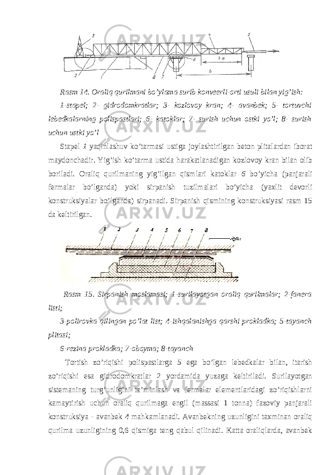 Rasm 14. Oraliq qurilmani bo’ylama surib konveerli-orti usuli bilan yig’ish: 1-stapel; 2- gidrodomkratlar; 3- kozlovoy kran; 4- avanbek; 5- tortuvchi lebedkalarning polispastlari; 6- katoklar; 7- surish uchun ostki yo’l; 8- surish uchun ustki yo’l Stapel 1 yaqinlashuv ko’tarmasi ustiga joylashtirilgan beton plitalardan iborat maydonchadir. Yig’ish ko’tarma ustida harakatlanadigan kozlovoy kran bilan olib boriladi. Oraliq qurilmaning yig’ilgan qismlari katoklar 6 bo’yicha (panjarali fermalar bo’lganda) yoki sirpanish tuzilmalari bo’yicha (yaxlit devorli konstruksiyalar bo’lganda) sirpanadi. Sirpanish qismining konstruksiyasi rasm 15 da keltirilgan. Rasm 15. Sirpanish moslamasi; 1-surilayotgan oraliq qurilmalar; 2-fanera listi; 3-polirovka qilingan po’lat list; 4-ishqalanishga qarshi prokladka; 5-tayanch plitasi; 6-rezina prokladka; 7-oboyma; 8-tayanch Tortish zo’riqishi polispastlarga 5 ega bo’lgan lebedkalar bilan, itarish zo’riqishi esa gidrodomkratlar 2 yordamida yuzaga keltiriladi. Surilayotgan sistemaning turg’unligini ta’minlash va fermalar elementlaridagi zo’riqishlarni kamaytirish uchun oraliq qurilmaga engil (massasi 1 tonna) fazoviy panjarali konstruksiya - avanbek 4 mahkamlanadi. Avanbekning uzunligini taxminan oraliq qurilma uzunligining 0,6 qismiga teng qabul qilinadi. Katta oraliqlarda, avanbek 