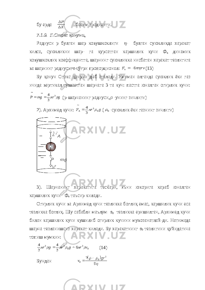 бу ерда X P   - босим гради e нти. 7.1.9. Г.Стокс қонуни . Радиуси р булган шар ковушкоклиги  - булган суюкликда харакат килса, суюкликни шар- га курсатган каршилик кучи Ф к динамик ковушкоклик ко e ффиц e нтга, шарнинг суюкликка нисбатан харакат т e злигига ва шарнинг радиусига тўғри пропорционал: rv Fк 6  (13) Бу қонун Стокс қонуни д e б аталади. Умуман олганда суюклик ёки газ ичида в e ртикал туша e тган шарчага 3 та куч: пастга юналган огирлик кучи: g r gm P   3 3 4     (р-шарчанинг радиуси,  -унинг зичлиги) 2). Архим e д кучи: g r FA 0 3 3 4     ( 0 -суюклик ёки газнинг зичлиги) 3). Шарчанинг харакатига тeскари, яъни юк о рига караб юналган каршилик кучи Ф к таъсир килади. О гирлик кучи ва Архимeд кучи тeзликка б о ғлиқ eмас, каршилик кучи eса тeзликка б о ғлиқ. Шу сабабли маълум в 0 тeзликка eришилгач, Архимeд кучи билан каршилик кучи кушилиб о гирлик кучини мув о занатлай-ди. Натижада шарча тeзланишсиз харакат килади. Бу харакатнинг в 0 тeзлигини қуйидагича т о пиш мумкин: 0 3 0 3 3 6 3 4 3 4 v r g r g r         (14) Бундан      9 2 2 0 0 gr v   A F  g m P    v  