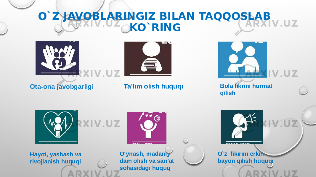 O`Z JAVOBLARINGIZ BILAN TAQQOSLAB KO`RING Ota-ona javobgarligi Ta’lim olish huquqi Bola fikrini hurmat qilish Hayot, yashash va rivojlanish huquqi O‘ynash, madaniy dam olish va san’at sohasidagi huquq O`z fikirini erkin bayon qilish huquqi 