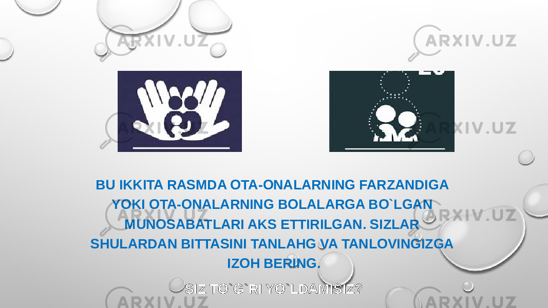 BU IKKITA RASMDA OTA-ONALARNING FARZANDIGA YOKI OTA-ONALARNING BOLALARGA BO`LGAN MUNOSABATLARI AKS ETTIRILGAN. SIZLAR SHULARDAN BITTASINI TANLAHG VA TANLOVINGIZGA IZOH BERING. SIZ TO`G`RI YO`LDAMISIZ? 