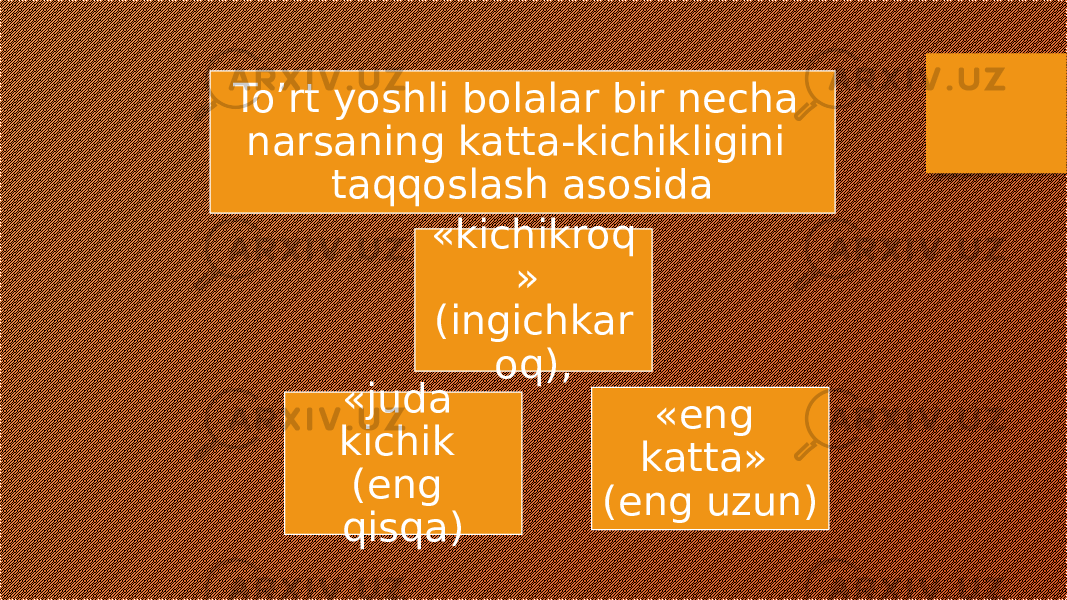 «juda kichik (eng qisqa) «eng katta» (eng uzun)«kichikroq » (ingichkar oq),To’rt yoshli bolalar bir necha narsaning katta-kichikligini taqqoslash asosida 