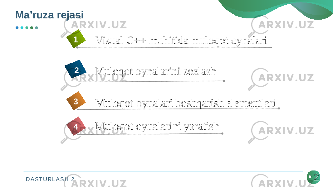 D A S T U R L A S H 2Mа’ruza rejasi • 2Muloqot oynalarini yaratish 4 Visual C++ muhitida muloqot oynalari1 Muloqot oynalarini sozlash2 Muloqot oynalari boshqarish elementlari3 