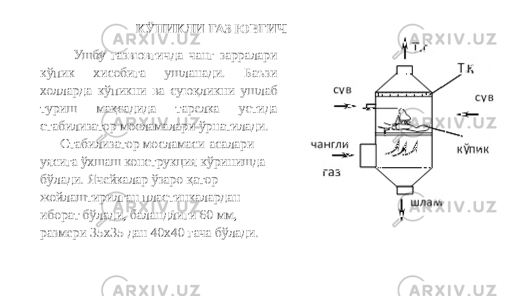 КЎПИКЛИ ГАЗ ЮВГИЧ Ушбу газвювгичда чанг зарралари кўпик хисобига ушланади. Баъзи холларда кўпикни ва суюқликни ушлаб туриш мақсадида тарелка устида стабилизатор мосламалари ўрнатилади. Стабилизатор мосламаси-асалари уясига ўхшаш конструкция кўринишда бўлади. Ячейкалар ўзаро қатор жойлаштирилган пластинкалардан иборат бўлади, баландлиги 60 мм, размери 35х35 дан 40х40 гача бўлади. 