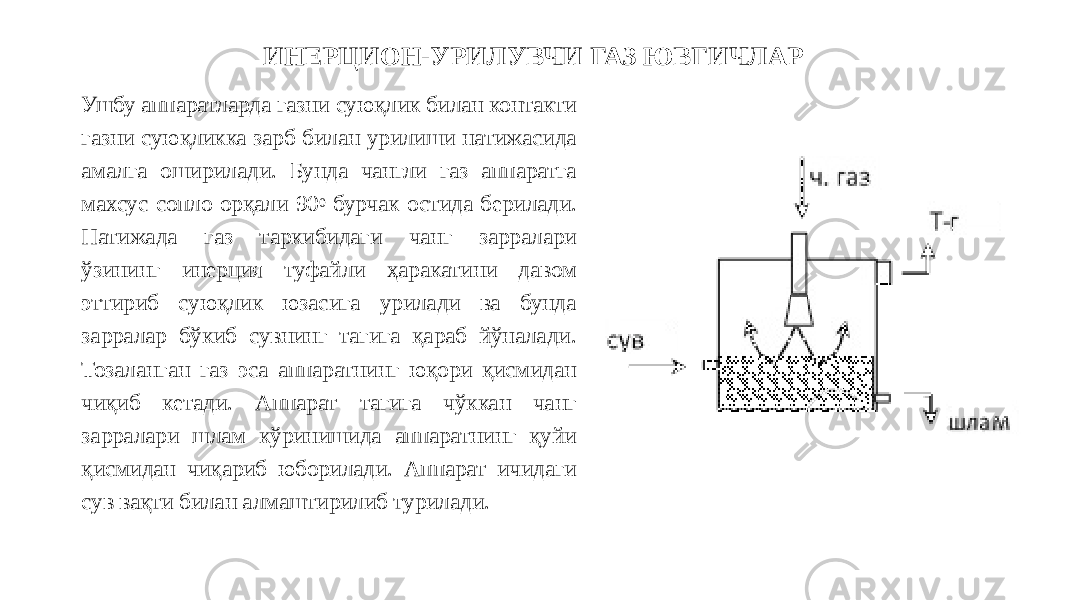 ИНЕРЦИОН-УРИЛУВЧИ ГАЗ ЮВГИЧЛАР Ушбу аппаратларда газни суюқлик билан контакти газни суюқликка зарб билан урилиши натижасида амалга оширилади. Бунда чангли газ аппаратга махсус сопло орқали 90 0 бурчак остида берилади. Натижада газ таркибидаги чанг зарралари ўзининг инерция туфайли ҳаракатини давом эттириб суюқлик юзасига урилади ва бунда зарралар бўкиб сувнинг тагига қараб йўналади. Тозаланган газ эса аппаратнинг юқори қисмидан чиқиб кетади. Аппарат тагига чўккан чанг зарралари шлам кўринишида аппаратнинг қуйи қисмидан чиқариб юборилади. Аппарат ичидаги сув вақти билан алмаштирилиб турилади. 