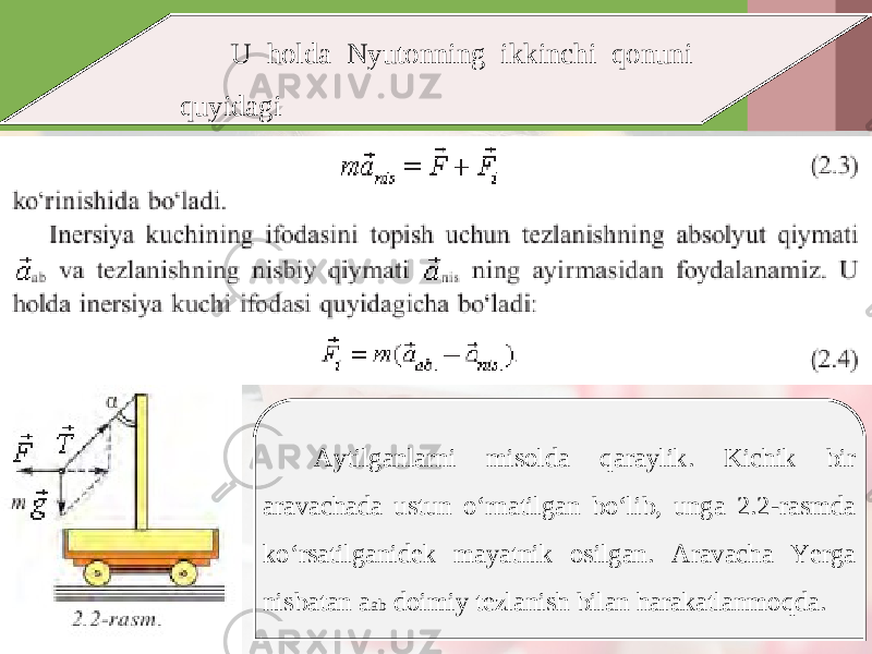 U holda Nyutonning ikkinchi qonuni quyidagi Aytilganlarni misolda qaraylik. Kichik bir aravachada ustun o‘rnatilgan bo‘lib, unga 2.2-rasmda ko‘rsatilganidek mayatnik osilgan. Aravacha Yerga nisbatan a ab doimiy tezlanish bilan harakatlanmoqda. 