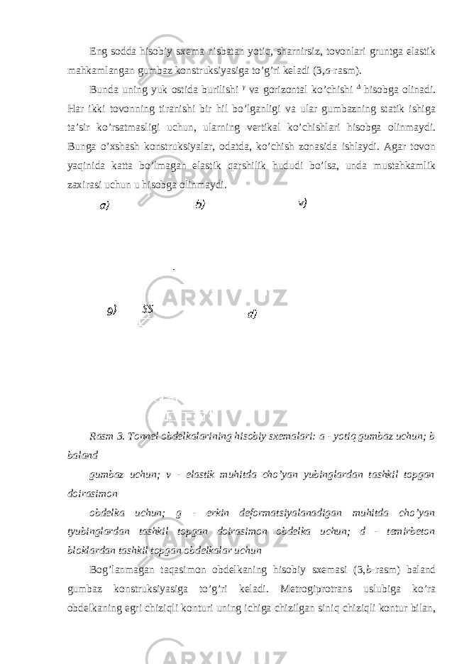 Eng sodda hisobiy sxema nisbatan yotiq, sharnirsiz, tovonlari gruntga elastik mahkamlangan gumbaz konstruksiyasiga to’g’ri keladi (3, a -rasm). Bunda uning yuk ostida burilishi γ va gorizontal ko’chishi Δ hisobga olinadi. Har ikki tovonning tiranishi bir hil bo’lganligi va ular gumbazning statik ishiga ta’sir ko’rsatmasligi uchun, ularning vertikal ko’chishlari hisobga olinmaydi. Bunga o’xshash konstruksiyalar, odatda, ko’chish zonasida ishlaydi. Agar tovon yaqinida katta bo’lmagan elastik qarshilik hududi bo’lsa, unda mustahkamlik zaxirasi uchun u hisobga olinmaydi. Rasm 3. Tonnel obdelkalarining hisobiy sxemalari: a - yotiq gumbaz uchun; b baland gumbaz uchun; v - elastik muhitda cho’yan yubinglardan tashkil topgan doirasimon obdelka uchun; g - erkin deformatsiyalanadigan muhitda cho’yan tyubinglardan tashkil topgan doirasimon obdelka uchun; d - temirbeton bloklardan tashkil topgan obdelkalar uchun Bog’lanmagan taqasimon obdelkaning hisobiy sxemasi (3, b -rasm) baland gumbaz konstruksiyasiga to’g’ri keladi. Metrogiprotrans uslubiga ko’ra obdelkaning egri chiziqli konturi uning ichiga chizilgan siniq chiziqli kontur bilan, 
