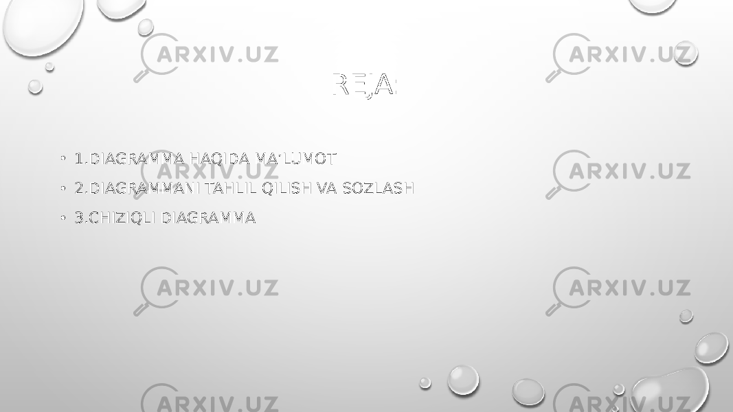 REJA: • 1.DIAGRAMMA HAQIDA MA’LUMOT • 2.DIAGRAMMANI TAHLIL QILISH VA SOZLASH • 3.CHIZIQLI DIAGRAMMA 