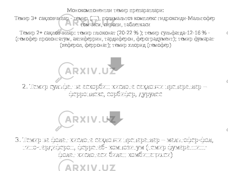 Монокомпонентли темир препаратлари: Темир 3+ сақловчилар - темир (III), полимальтоз комплекс гидроксиди-Мальтофер томчиси, сиропи, таблеткаси Темир 2+ сақловчилар: темир глюконат (20-22 % ); темир сульфатда-12-16 % - (гемофер пролонгатум, актиферрин, тардиферон, фероградумент); темир фумарат (хеферол, ферронат); темир хлорид (гемофер) 2. Темир сульфат ва аскорбин кислота сақловчи препаратлар – ферроплекс, сорбифер, дурулес 3. Темир ва фолат кислота сақловчи препаратлар – мальтофер-фол, гино-тардиферон, ферретаб- композитум (темир фумаратнинг фолат кислотаси билан комбинацияси) 