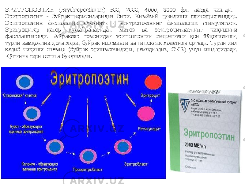 ЭРИТРОПОЭТИН (Erythropoetinum) 500, 2000, 4000, 8000 фл. ларда чик-ди. Эритропоэтин - буйрак гормонларидан бири. Кимёвий тузилиши гликопротеиддир. Эритропоэтин физиологик аҳамияти - эритропоэзнинг физиологик стимулятори. Эритроцитар қатор ҳужайраларидан митоз ва эритроцитларнинг чиқишини фаоллаштиради. Буйраклар томонидан эритропоэтин секрецияси қон йўқотилиши, турли камқонлик ҳолатлари, буйрак ишемияси ва гипоксик ҳолатида ортади. Турли хил келиб чиқиши анемия (буйрак этишмовчилиги, гемодиализ, ОИВ) учун ишлатилади. Кўпинча тери остига буюрилади. 