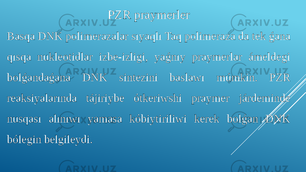 PZR praymerler Basqa DNK polimerazalar sıyaqlı Taq polimeraza da tek ǵana qısqa nukleotidlar izbe-izligi, yaǵnıy praymerlar ámeldegi bolǵandaǵana DNK sintezini baslawı múmkin. PZR reaksiyalarında tájiriybe ótkeriwshi praymer járdeminde nusqası alınıwı yamasa kóbiytiriliwi kerek bolǵan DNK bólegin belgileydi. 