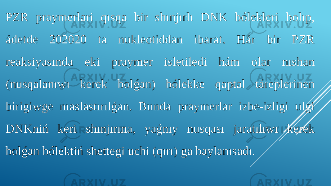 PZR praymerlari qısqa bir shınjırlı DNK bólekleri bolıp, ádetde 202020 ta nukleotiddan ibarat. Hár bir PZR reaksiyasında eki praymer isletiledi hám olar nıshan (nusqalanıwı kerek bolǵan) bólekke qaptal táreplerinen birigiwge maslastırılǵan. Bunda praymerlar izbe-izligi ulgi DNKniń keri shınjırına, yaǵnıy nusqası jaratılıwı kerek bolǵan bólektiń shettegi uchi (qırı) ga baylanısadı. 