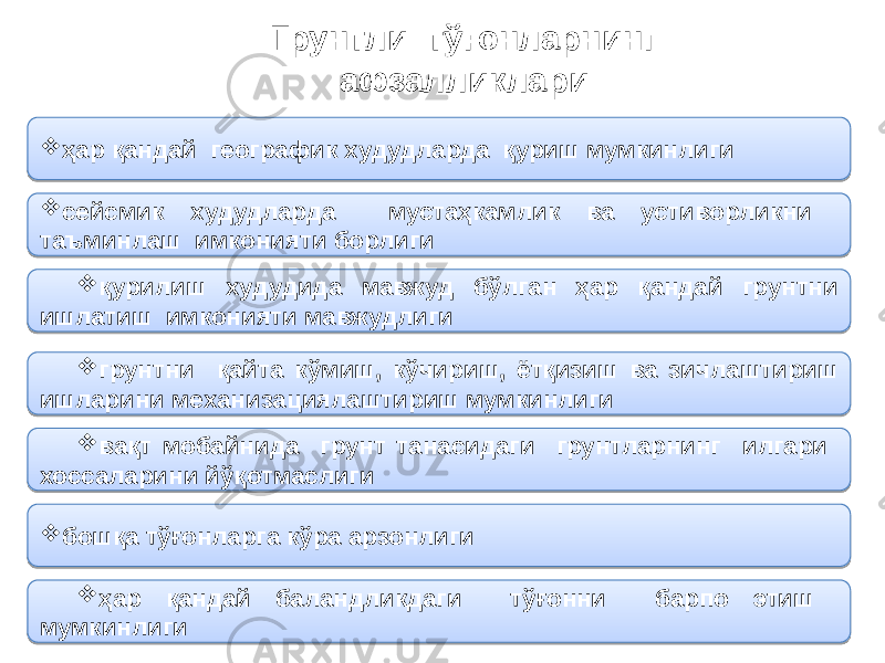  сейсмик худудларда мустаҳкамлик ва устиворликни таъминлаш имконияти борлиги ҳар қандай географик худудларда қуриш мумкинлиги  қурилиш худудида мавжуд бўлган ҳар қандай грунтни ишлатиш имконияти мавжудлиги  грунтни қайта кўмиш, кўчириш, ётқизиш ва зичлаштириш ишларини механизациялаштириш мумкинлиги  вақт мобайнида грунт танасидаги грунтларнинг илгари хоссаларини йўқотмаслиги  бошқа тўғонларга кўра арзонлиги  ҳар қандай баландликдаги тўғонни барпо этиш мумкинлиги Грунтли тўғонларнинг афзалликлари01 01 0E 01 0F 01 18 05 01 17 05 01 10 08 01 16 01 0F 04 05 