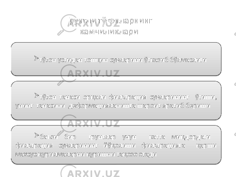  тўғон устидан тошқин сувларини ўтказиб бўлмаслиги  тўғон танаси орқали фильтрация сувларининг ўтиши, унинг танасини деформацияланишга шароит яратиб бериши  баъзи бир грунтлар учун катта миқдордаги фильтрация сувларининг йўқолиши фильтрацияга қарши махсус қурилмаларни қуришни тақозо этади Грунтли тўғонларнинг камчиликлари02 0B 02 0B 090A0D 02 2F 1A 1504 