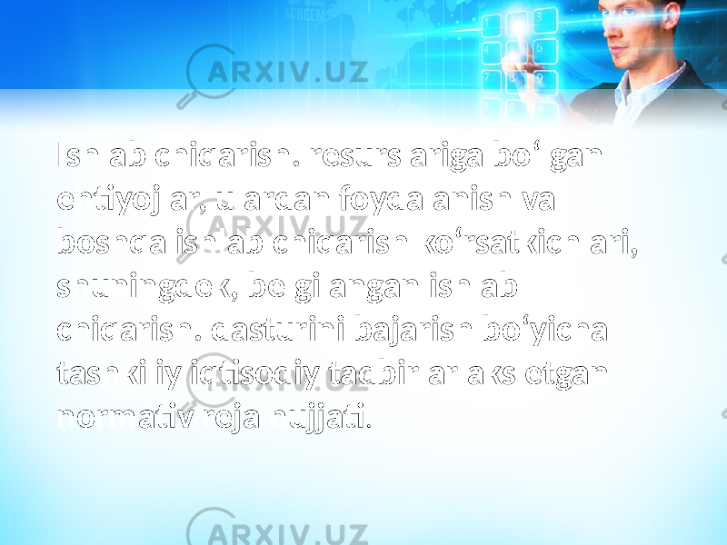 Ishlab chiqarish. resurslariga boʻlgan ehtiyojlar, ulardan foydalanish va boshqa ishlab chiqarish koʻrsatkichlari, shuningdek, belgilangan ishlab chiqarish. dasturini bajarish boʻyicha tashkiliy iqtisodiy tadbirlar aks etgan normativ reja hujjati . 