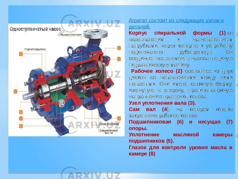  Агрегат состоит из следующих узлов и деталей: Корпус спиральной формы (1)  со всасывающим и нагнетательным патрубками, через которые к устройству подключаются трубопроводы. Он соединяет все элементы насоса в единую гидравлическую машину. Рабочее колесо (2) состоящее из двух дисков со вставленными между ними лопастями. Они имеют сложную форму, изогнутую в сторону, противоположную направлению вращения колеса. Узел уплотнения вала (3). Сам вал (4 ) , на котором жестко закреплено рабочее колесо. Подшипниковая (6) и несущая (7) опоры. Уплотнение масляной камеры подшипников (5). Глазок для контроля уровня масла в камере (8)01 