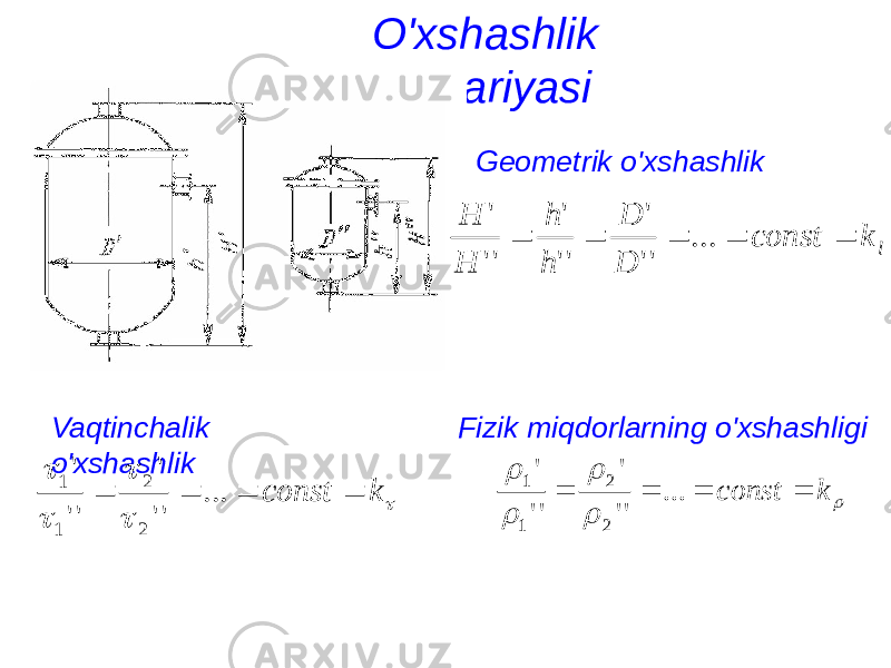 O&#39;xshashlik nazariyasi Geometrik o&#39;xshashlik Vaqtinchalik o&#39;xshashlik Fizik miqdorlarning o&#39;xshashligil k const D D h h H H      ... &#39;&#39; &#39; &#39;&#39; &#39; &#39;&#39; &#39;      k const     ... &#39;&#39; &#39; &#39;&#39; &#39; 2 2 1 1      kconst  ... &#39;&#39; &#39; &#39;&#39; &#39; 2 2 1 1 