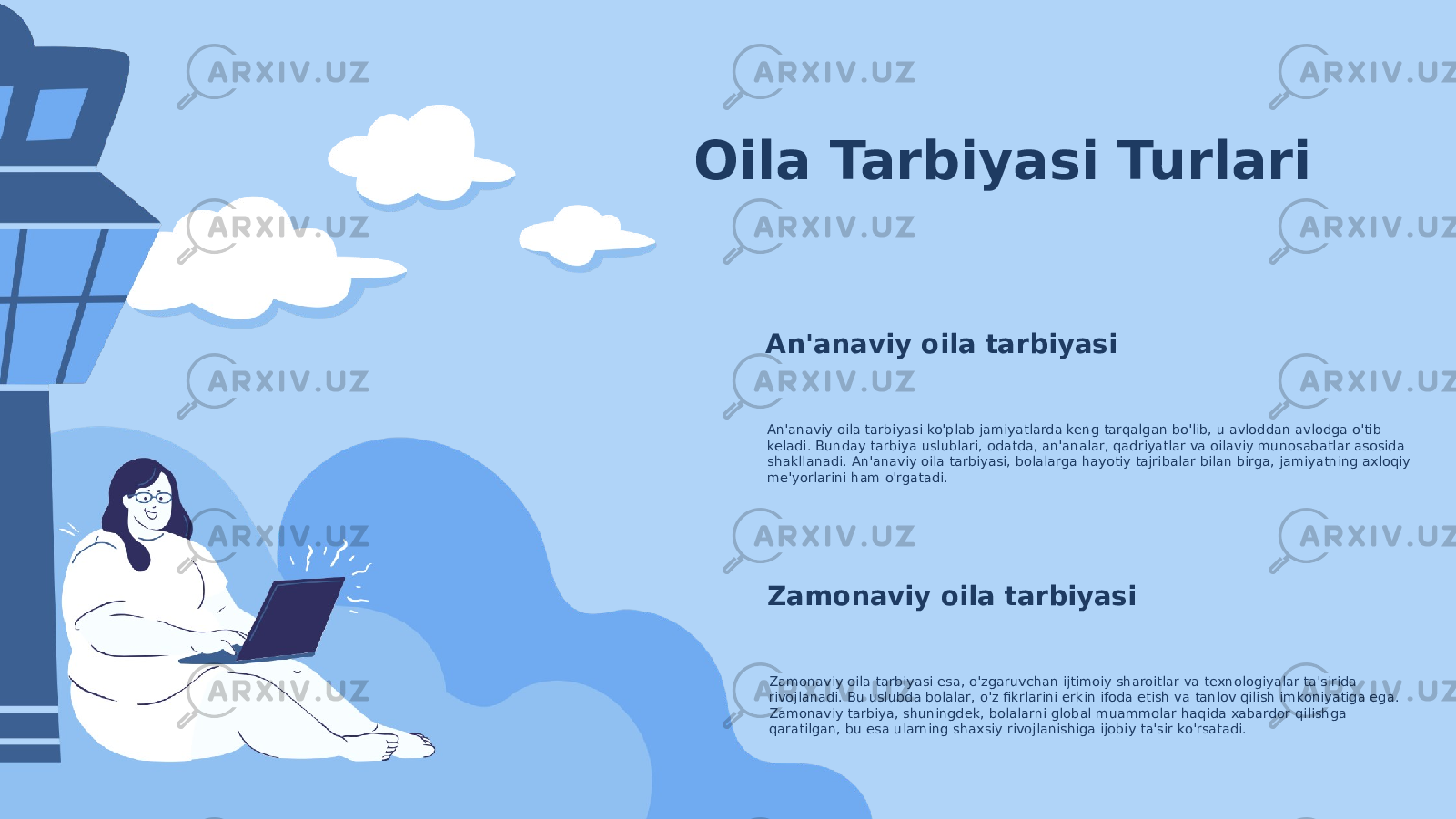 Oila Tarbiyasi Turlari An&#39;anaviy oila tarbiyasi An&#39;anaviy oila tarbiyasi ko&#39;plab jamiyatlarda keng tarqalgan bo&#39;lib, u avloddan avlodga o&#39;tib keladi. Bunday tarbiya uslublari, odatda, an&#39;analar, qadriyatlar va oilaviy munosabatlar asosida shakllanadi. An&#39;anaviy oila tarbiyasi, bolalarga hayotiy tajribalar bilan birga, jamiyatning axloqiy me&#39;yorlarini ham o&#39;rgatadi. Zamonaviy oila tarbiyasi Zamonaviy oila tarbiyasi esa, o&#39;zgaruvchan ijtimoiy sharoitlar va texnologiyalar ta&#39;sirida rivojlanadi. Bu uslubda bolalar, o&#39;z fikrlarini erkin ifoda etish va tanlov qilish imkoniyatiga ega. Zamonaviy tarbiya, shuningdek, bolalarni global muammolar haqida xabardor qilishga qaratilgan, bu esa ularning shaxsiy rivojlanishiga ijobiy ta&#39;sir ko&#39;rsatadi. 