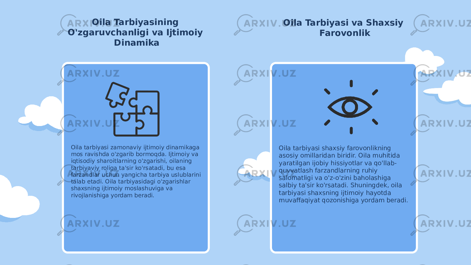 Oila Tarbiyasining O&#39;zgaruvchanligi va Ijtimoiy Dinamika Oila tarbiyasi zamonaviy ijtimoiy dinamikaga mos ravishda o&#39;zgarib bormoqda. Ijtimoiy va iqtisodiy sharoitlarning o&#39;zgarishi, oilaning tarbiyaviy roliga ta&#39;sir ko&#39;rsatadi, bu esa farzandlar uchun yangicha tarbiya uslublarini talab etadi. Oila tarbiyasidagi o&#39;zgarishlar shaxsning ijtimoiy moslashuviga va rivojlanishiga yordam beradi. Oila Tarbiyasi va Shaxsiy Farovonlik Oila tarbiyasi shaxsiy farovonlikning asosiy omillaridan biridir. Oila muhitida yaratilgan ijobiy hissiyotlar va qo&#39;llab- quvvatlash farzandlarning ruhiy salomatligi va o&#39;z-o&#39;zini baholashiga salbiy ta&#39;sir ko&#39;rsatadi. Shuningdek, oila tarbiyasi shaxsning ijtimoiy hayotda muvaffaqiyat qozonishiga yordam beradi. 