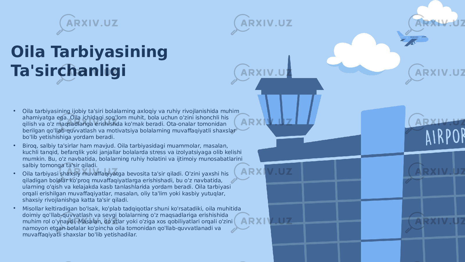 Oila Tarbiyasining Ta&#39;sirchanligi • Oila tarbiyasining ijobiy ta&#39;siri bolalarning axloqiy va ruhiy rivojlanishida muhim ahamiyatga ega. Oila ichidagi sog&#39;lom muhit, bola uchun o&#39;zini ishonchli his qilish va o&#39;z maqsadlariga erishishda ko&#39;mak beradi. Ota-onalar tomonidan berilgan qo&#39;llab-quvvatlash va motivatsiya bolalarning muvaffaqiyatli shaxslar bo&#39;lib yetishishiga yordam beradi. • Biroq, salbiy ta&#39;sirlar ham mavjud. Oila tarbiyasidagi muammolar, masalan, kuchli tanqid, befarqlik yoki janjallar bolalarda stress va izolyatsiyaga olib kelishi mumkin. Bu, o&#39;z navbatida, bolalarning ruhiy holatini va ijtimoiy munosabatlarini salbiy tomonga ta&#39;sir qiladi. • Oila tarbiyasi shaxsiy muvaffaqiyatga bevosita ta&#39;sir qiladi. O&#39;zini yaxshi his qiladigan bolalar ko&#39;proq muvaffaqiyatlarga erishishadi, bu o&#39;z navbatida, ularning o&#39;qish va kelajakda kasb tanlashlarida yordam beradi. Oila tarbiyasi orqali erishilgan muvaffaqiyatlar, masalan, oliy ta&#39;lim yoki kasbiy yutuqlar, shaxsiy rivojlanishga katta ta&#39;sir qiladi. • Misollar keltiradigan bo&#39;lsak, ko&#39;plab tadqiqotlar shuni ko&#39;rsatadiki, oila muhitida doimiy qo&#39;llab-quvvatlash va sevgi bolalarning o&#39;z maqsadlariga erishishida muhim rol o&#39;ynaydi. Masalan, do&#39;stlar yoki o&#39;ziga xos qobiliyatlari orqali o&#39;zini namoyon etgan bolalar ko&#39;pincha oila tomonidan qo&#39;llab-quvvatlanadi va muvaffaqiyatli shaxslar bo&#39;lib yetishadilar. 