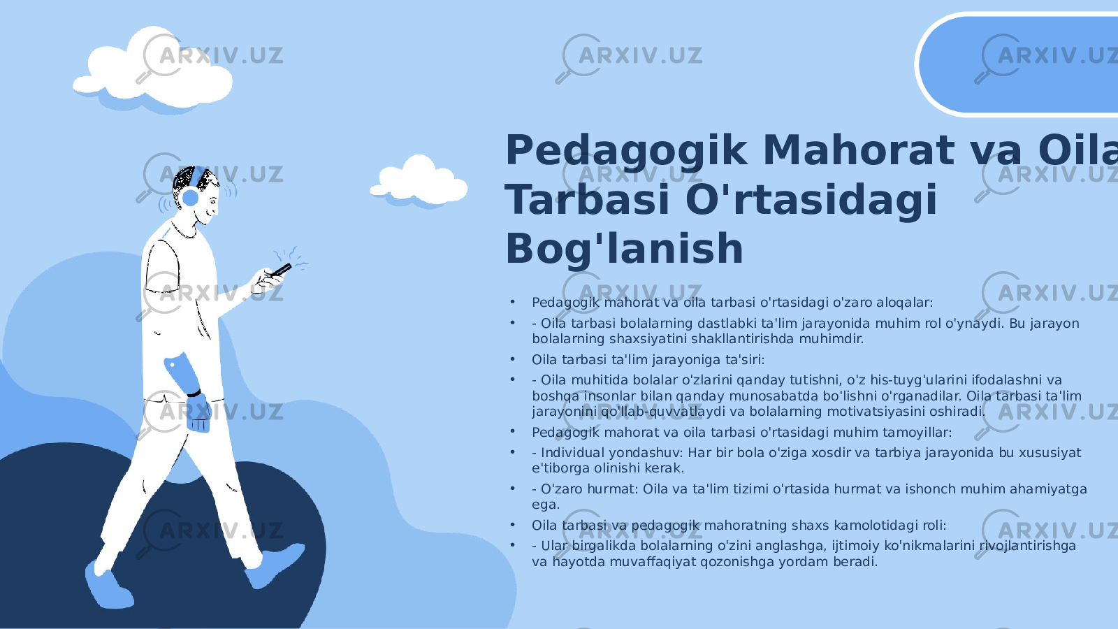 Pedagogik Mahorat va Oila Tarbasi O&#39;rtasidagi Bog&#39;lanish • Pedagogik mahorat va oila tarbasi o&#39;rtasidagi o&#39;zaro aloqalar: • - Oila tarbasi bolalarning dastlabki ta&#39;lim jarayonida muhim rol o&#39;ynaydi. Bu jarayon bolalarning shaxsiyatini shakllantirishda muhimdir. • Oila tarbasi ta&#39;lim jarayoniga ta&#39;siri: • - Oila muhitida bolalar o&#39;zlarini qanday tutishni, o&#39;z his-tuyg&#39;ularini ifodalashni va boshqa insonlar bilan qanday munosabatda bo&#39;lishni o&#39;rganadilar. Oila tarbasi ta&#39;lim jarayonini qo&#39;llab-quvvatlaydi va bolalarning motivatsiyasini oshiradi. • Pedagogik mahorat va oila tarbasi o&#39;rtasidagi muhim tamoyillar: • - Individual yondashuv: Har bir bola o&#39;ziga xosdir va tarbiya jarayonida bu xususiyat e&#39;tiborga olinishi kerak. • - O&#39;zaro hurmat: Oila va ta&#39;lim tizimi o&#39;rtasida hurmat va ishonch muhim ahamiyatga ega. • Oila tarbasi va pedagogik mahoratning shaxs kamolotidagi roli: • - Ular birgalikda bolalarning o&#39;zini anglashga, ijtimoiy ko&#39;nikmalarini rivojlantirishga va hayotda muvaffaqiyat qozonishga yordam beradi. 