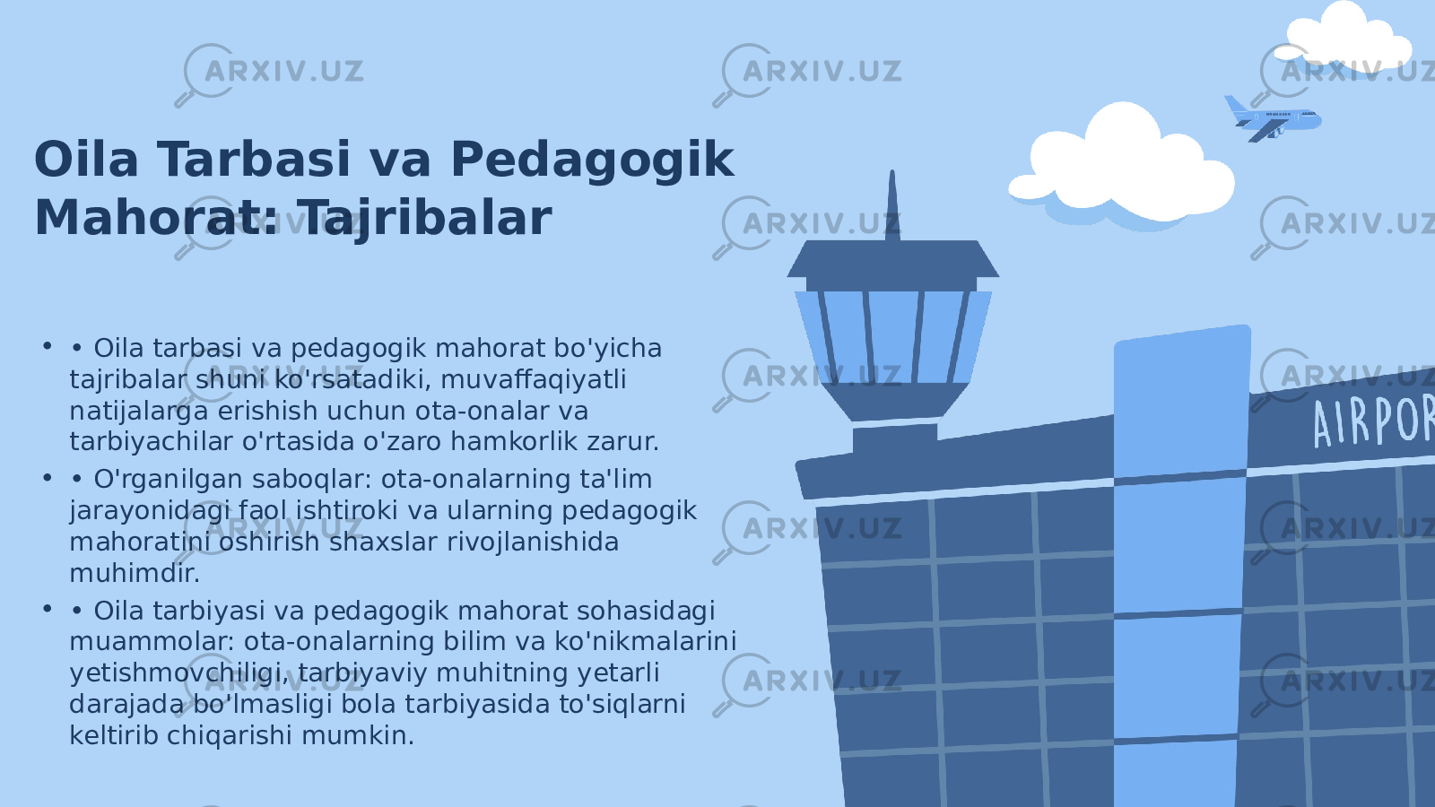 Oila Tarbasi va Pedagogik Mahorat: Tajribalar • • Oila tarbasi va pedagogik mahorat bo&#39;yicha tajribalar shuni ko&#39;rsatadiki, muvaffaqiyatli natijalarga erishish uchun ota-onalar va tarbiyachilar o&#39;rtasida o&#39;zaro hamkorlik zarur. • • O&#39;rganilgan saboqlar: ota-onalarning ta&#39;lim jarayonidagi faol ishtiroki va ularning pedagogik mahoratini oshirish shaxslar rivojlanishida muhimdir. • • Oila tarbiyasi va pedagogik mahorat sohasidagi muammolar: ota-onalarning bilim va ko&#39;nikmalarini yetishmovchiligi, tarbiyaviy muhitning yetarli darajada bo&#39;lmasligi bola tarbiyasida to&#39;siqlarni keltirib chiqarishi mumkin. 