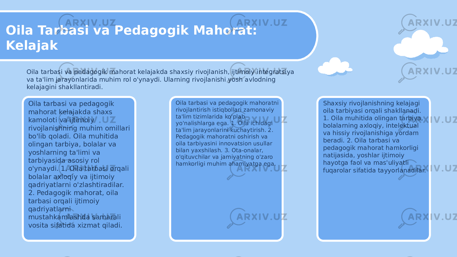 Oila Tarbasi va Pedagogik Mahorat: Kelajak Oila tarbasi va pedagogik mahorat kelajakda shaxs kamoloti va ijtimoiy rivojlanishning muhim omillari bo&#39;lib qoladi. Oila muhitida olingan tarbiya, bolalar va yoshlarning ta&#39;limi va tarbiyasida asosiy rol o&#39;ynaydi. 1. Oila tarbasi orqali bolalar axloqiy va ijtimoiy qadriyatlarni o&#39;zlashtiradilar. 2. Pedagogik mahorat, oila tarbasi orqali ijtimoiy qadriyatlarni mustahkamlashda samarali vosita sifatida xizmat qiladi.Oila tarbasi va pedagogik mahorat kelajakda shaxsiy rivojlanish, ijtimoiy integratsiya va ta&#39;lim jarayonlarida muhim rol o&#39;ynaydi. Ularning rivojlanishi yosh avlodning kelajagini shakllantiradi. Oila tarbasi va pedagogik mahoratni rivojlantirish istiqbollari zamonaviy ta&#39;lim tizimlarida ko&#39;plab yo&#39;nalishlarga ega. 1. Oila ichidagi ta&#39;lim jarayonlarini kuchaytirish. 2. Pedagogik mahoratni oshirish va oila tarbiyasini innovatsion usullar bilan yaxshilash. 3. Ota-onalar, o&#39;qituvchilar va jamiyatning o&#39;zaro hamkorligi muhim ahamiyatga ega. Shaxsiy rivojlanishning kelajagi oila tarbiyasi orqali shakllanadi. 1. Oila muhitida olingan tarbiya, bolalarning axloqiy, intelektual va hissiy rivojlanishiga yordam beradi. 2. Oila tarbasi va pedagogik mahorat hamkorligi natijasida, yoshlar ijtimoiy hayotga faol va mas&#39;uliyatli fuqarolar sifatida tayyorlanadilar. 