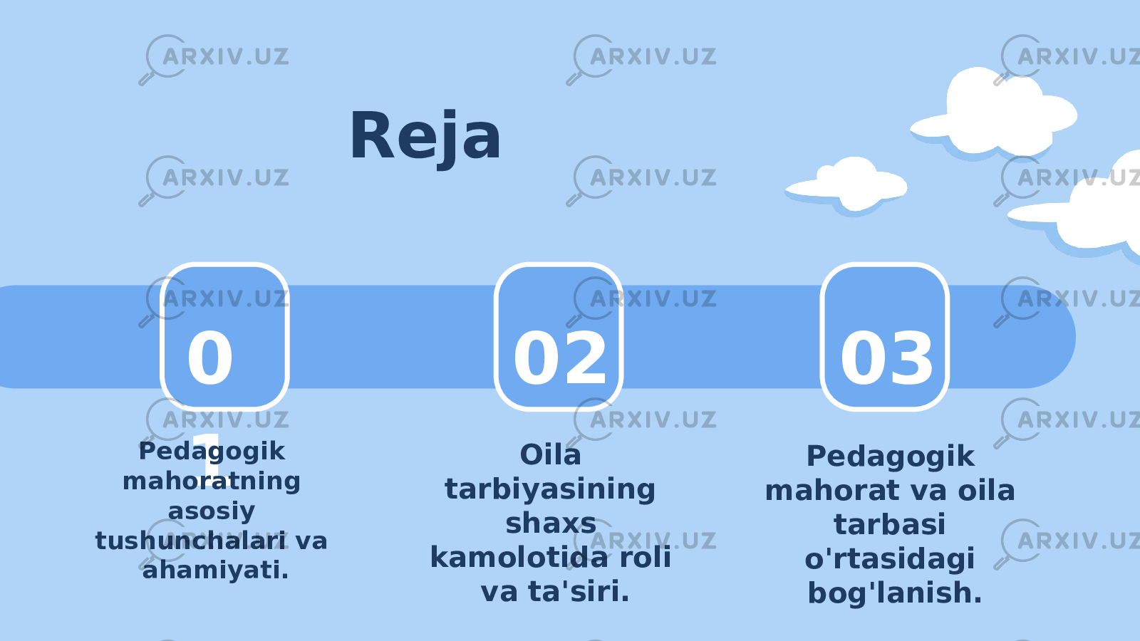 0 1 02 03Reja Pedagogik mahoratning asosiy tushunchalari va ahamiyati. Oila tarbiyasining shaxs kamolotida roli va ta&#39;siri. Pedagogik mahorat va oila tarbasi o&#39;rtasidagi bog&#39;lanish. 