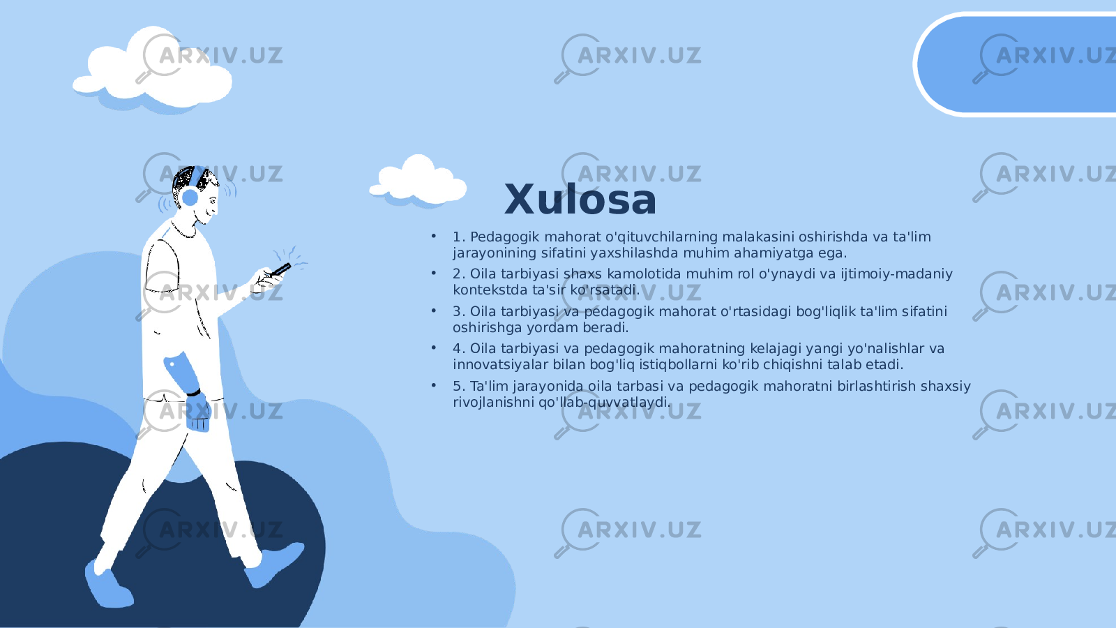 Xulosa • 1. Pedagogik mahorat o&#39;qituvchilarning malakasini oshirishda va ta&#39;lim jarayonining sifatini yaxshilashda muhim ahamiyatga ega. • 2. Oila tarbiyasi shaxs kamolotida muhim rol o&#39;ynaydi va ijtimoiy-madaniy kontekstda ta&#39;sir ko&#39;rsatadi. • 3. Oila tarbiyasi va pedagogik mahorat o&#39;rtasidagi bog&#39;liqlik ta&#39;lim sifatini oshirishga yordam beradi. • 4. Oila tarbiyasi va pedagogik mahoratning kelajagi yangi yo&#39;nalishlar va innovatsiyalar bilan bog&#39;liq istiqbollarni ko&#39;rib chiqishni talab etadi. • 5. Ta&#39;lim jarayonida oila tarbasi va pedagogik mahoratni birlashtirish shaxsiy rivojlanishni qo&#39;llab-quvvatlaydi. 