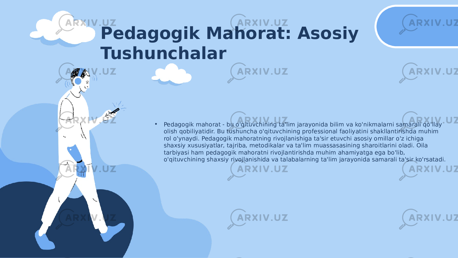 Pedagogik Mahorat: Asosiy Tushunchalar • Pedagogik mahorat - bu o&#39;qituvchining ta&#39;lim jarayonida bilim va ko&#39;nikmalarni samarali qo&#39;llay olish qobiliyatidir. Bu tushuncha o&#39;qituvchining professional faoliyatini shakllantirishda muhim rol o&#39;ynaydi. Pedagogik mahoratning rivojlanishiga ta&#39;sir etuvchi asosiy omillar o&#39;z ichiga shaxsiy xususiyatlar, tajriba, metodikalar va ta&#39;lim muassasasining sharoitlarini oladi. Oila tarbiyasi ham pedagogik mahoratni rivojlantirishda muhim ahamiyatga ega bo&#39;lib, o&#39;qituvchining shaxsiy rivojlanishida va talabalarning ta&#39;lim jarayonida samarali ta&#39;sir ko&#39;rsatadi. 