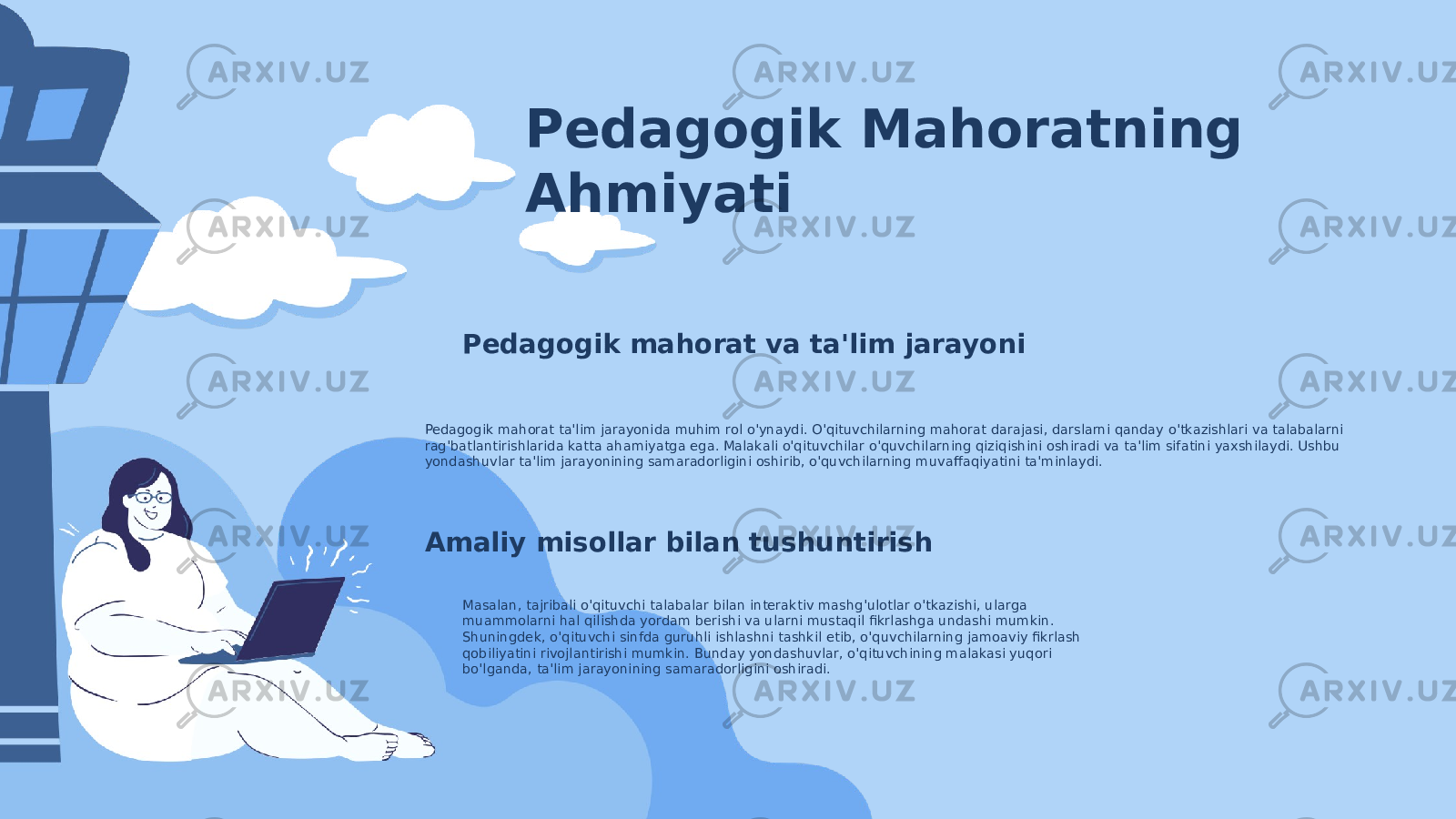 Pedagogik Mahoratning Ahmiyati Pedagogik mahorat va ta&#39;lim jarayoni Pedagogik mahorat ta&#39;lim jarayonida muhim rol o&#39;ynaydi. O&#39;qituvchilarning mahorat darajasi, darslarni qanday o&#39;tkazishlari va talabalarni rag&#39;batlantirishlarida katta ahamiyatga ega. Malakali o&#39;qituvchilar o&#39;quvchilarning qiziqishini oshiradi va ta&#39;lim sifatini yaxshilaydi. Ushbu yondashuvlar ta&#39;lim jarayonining samaradorligini oshirib, o&#39;quvchilarning muvaffaqiyatini ta&#39;minlaydi. Amaliy misollar bilan tushuntirish Masalan, tajribali o&#39;qituvchi talabalar bilan interaktiv mashg&#39;ulotlar o&#39;tkazishi, ularga muammolarni hal qilishda yordam berishi va ularni mustaqil fikrlashga undashi mumkin. Shuningdek, o&#39;qituvchi sinfda guruhli ishlashni tashkil etib, o&#39;quvchilarning jamoaviy fikrlash qobiliyatini rivojlantirishi mumkin. Bunday yondashuvlar, o&#39;qituvchining malakasi yuqori bo&#39;lganda, ta&#39;lim jarayonining samaradorligini oshiradi. 