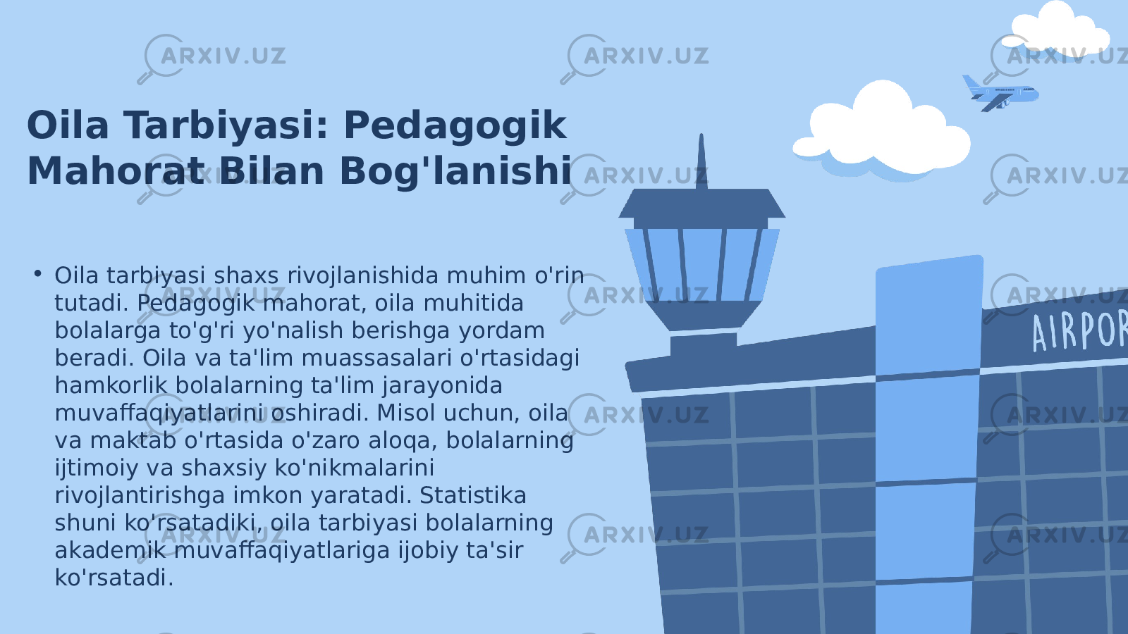 Oila Tarbiyasi: Pedagogik Mahorat Bilan Bog&#39;lanishi • Oila tarbiyasi shaxs rivojlanishida muhim o&#39;rin tutadi. Pedagogik mahorat, oila muhitida bolalarga to&#39;g&#39;ri yo&#39;nalish berishga yordam beradi. Oila va ta&#39;lim muassasalari o&#39;rtasidagi hamkorlik bolalarning ta&#39;lim jarayonida muvaffaqiyatlarini oshiradi. Misol uchun, oila va maktab o&#39;rtasida o&#39;zaro aloqa, bolalarning ijtimoiy va shaxsiy ko&#39;nikmalarini rivojlantirishga imkon yaratadi. Statistika shuni ko&#39;rsatadiki, oila tarbiyasi bolalarning akademik muvaffaqiyatlariga ijobiy ta&#39;sir ko&#39;rsatadi. 