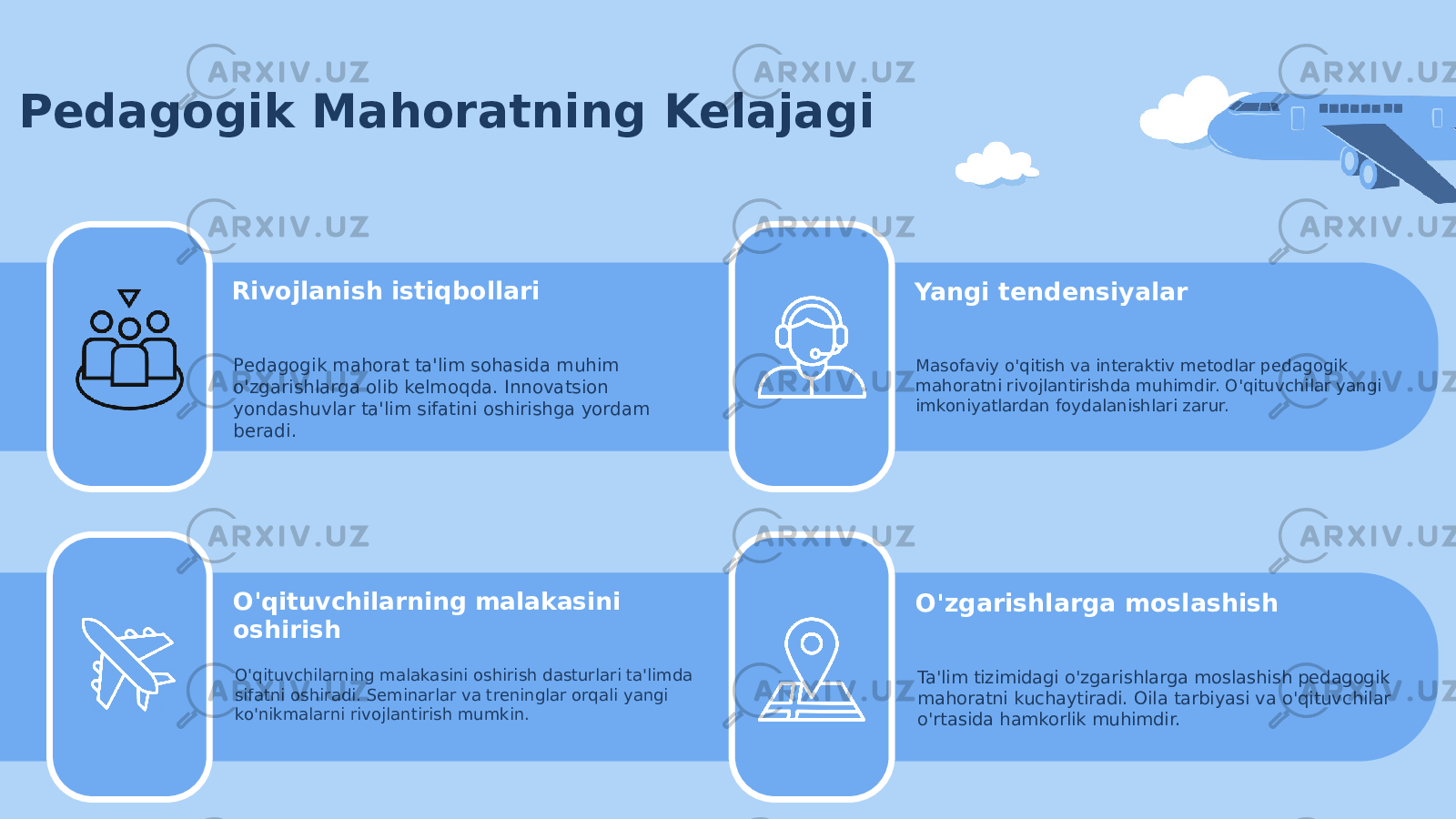 Pedagogik Mahoratning Kelajagi Rivojlanish istiqbollari Pedagogik mahorat ta&#39;lim sohasida muhim o&#39;zgarishlarga olib kelmoqda. Innovatsion yondashuvlar ta&#39;lim sifatini oshirishga yordam beradi. Yangi tendensiyalar Masofaviy o&#39;qitish va interaktiv metodlar pedagogik mahoratni rivojlantirishda muhimdir. O&#39;qituvchilar yangi imkoniyatlardan foydalanishlari zarur. O&#39;qituvchilarning malakasini oshirish O&#39;qituvchilarning malakasini oshirish dasturlari ta&#39;limda sifatni oshiradi. Seminarlar va treninglar orqali yangi ko&#39;nikmalarni rivojlantirish mumkin. O&#39;zgarishlarga moslashish Ta&#39;lim tizimidagi o&#39;zgarishlarga moslashish pedagogik mahoratni kuchaytiradi. Oila tarbiyasi va o&#39;qituvchilar o&#39;rtasida hamkorlik muhimdir. 