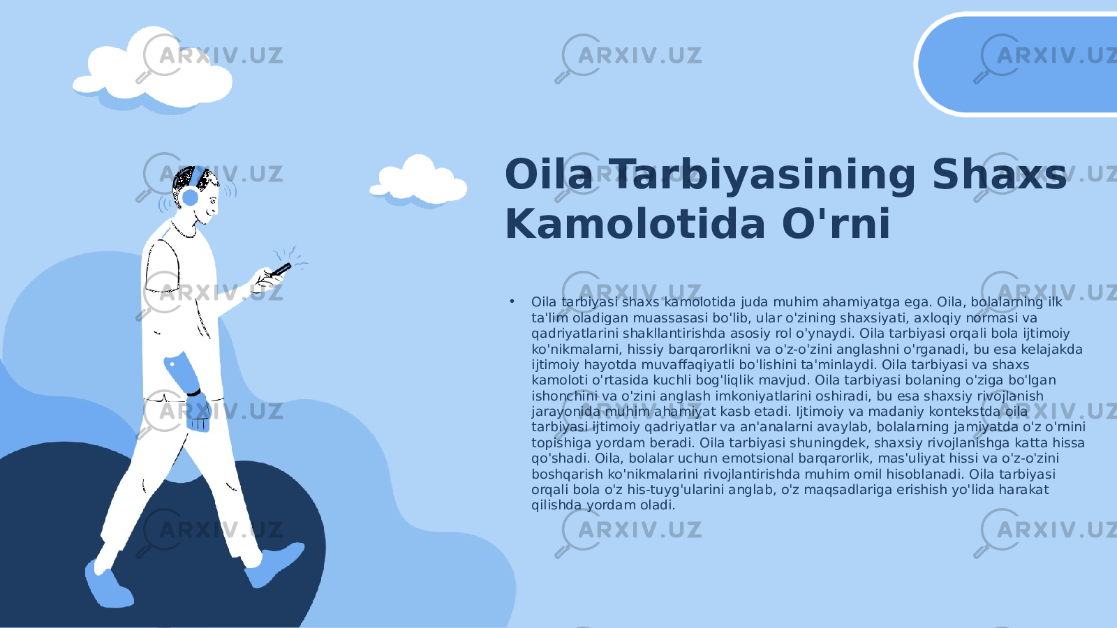 Oila Tarbiyasining Shaxs Kamolotida O&#39;rni • Oila tarbiyasi shaxs kamolotida juda muhim ahamiyatga ega. Oila, bolalarning ilk ta&#39;lim oladigan muassasasi bo&#39;lib, ular o&#39;zining shaxsiyati, axloqiy normasi va qadriyatlarini shakllantirishda asosiy rol o&#39;ynaydi. Oila tarbiyasi orqali bola ijtimoiy ko&#39;nikmalarni, hissiy barqarorlikni va o&#39;z-o&#39;zini anglashni o&#39;rganadi, bu esa kelajakda ijtimoiy hayotda muvaffaqiyatli bo&#39;lishini ta&#39;minlaydi. Oila tarbiyasi va shaxs kamoloti o&#39;rtasida kuchli bog&#39;liqlik mavjud. Oila tarbiyasi bolaning o&#39;ziga bo&#39;lgan ishonchini va o&#39;zini anglash imkoniyatlarini oshiradi, bu esa shaxsiy rivojlanish jarayonida muhim ahamiyat kasb etadi. Ijtimoiy va madaniy kontekstda oila tarbiyasi ijtimoiy qadriyatlar va an&#39;analarni avaylab, bolalarning jamiyatda o&#39;z o&#39;rnini topishiga yordam beradi. Oila tarbiyasi shuningdek, shaxsiy rivojlanishga katta hissa qo&#39;shadi. Oila, bolalar uchun emotsional barqarorlik, mas&#39;uliyat hissi va o&#39;z-o&#39;zini boshqarish ko&#39;nikmalarini rivojlantirishda muhim omil hisoblanadi. Oila tarbiyasi orqali bola o&#39;z his-tuyg&#39;ularini anglab, o&#39;z maqsadlariga erishish yo&#39;lida harakat qilishda yordam oladi. 