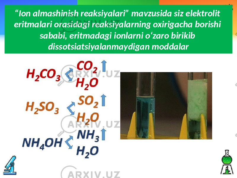 “ Ion almashinish reaksiyalari” mavzusida siz elektrolit eritmalari orasidagi reaksiyalarning oxirigacha borishi sababi, eritmadagi ionlarni o‘zaro birikib dissotsiatsiyalanmaydigan moddalar 