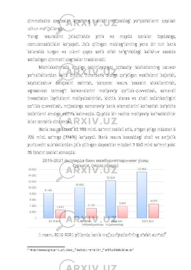 qimmatbaho qog’ozlar kursining tushishi natijasidagi yo’qotishlarni qoplash uchun mo’ljallangan. Yangi resurslarni jalbqilishda yirik va mayda banklar foydasiga, nomutanosibliklar ko’paydi. Jalb qilingan mablag’larning yana bir turi bank balansida turgan va ularni qayta sotib olish to’g’risidagi kelishuv asosida sotiladigan qimmatli qog’ozlar hisoblanadi. Mamlakatimizda amalga oshirilayotgan iqtisodiy islohotlarning ustuvor yoʼnalishlaridan kelib chiqib, Turonbank oldiga qoʼyilgan vazifalarni bajarish, kapitallashuv darajasini oshirish, barqaror resurs bazasini shakllantirish, agrosanoat tarmogʼi korxonalarini moliyaviy qoʼllab-quvvatlash, samarali investitsion loyihalarni moliyalashtirish, kichik biznes va aholi tadbirkorligini qoʼllab-quvvatlash, mijozlarga zamonaviy bank xizmatlarini koʼrsatish boʼyicha tadbirlarni amalga oshirib kelmoqda. Quyida bir nechta moliyaviy ko’rsatkichlar bilan tanishib chiqamiz. Bank resurs bazasi 10 289 mlrd. soʼmni tashkil etib, oʼtgan yilga nisbatan 5 705 mlrd. soʼmga (224%) koʼpaydi. Bank resurs bazasidagi aholi va xoʼjalik yurituvchi subʼektlaridan jalb qilingan depozitlar miqdori 2 650 mlrd soʼmni yoki 26 foizini tashkil etmoqda. 1-rasm. 2019-2021-yillarda bank majburiyatlarining o’sish sur’ati 2 2 https://www.agrobank.uz/upload_files/documentation_file/5fda25e6c22be.pdf 