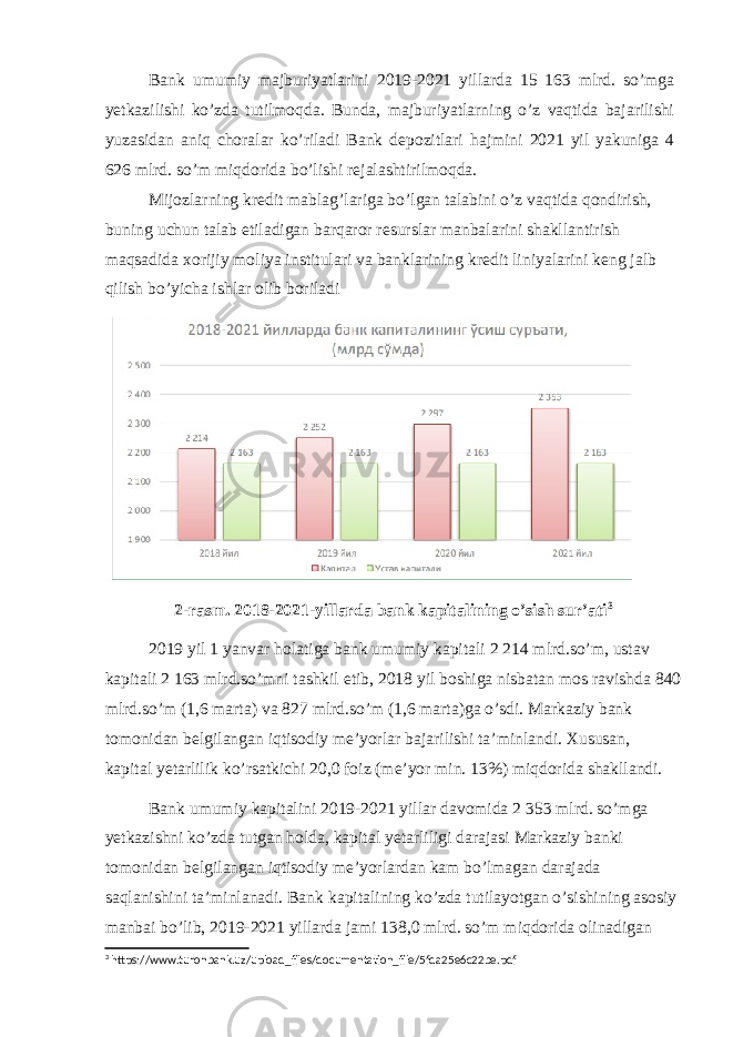 Bank umumiy majburiyatlarini 2019-2021 yillarda 15 163 mlrd. soʼmga yetkazilishi koʼzda tutilmoqda. Bunda, majburiyatlarning oʼz vaqtida bajarilishi yuzasidan aniq choralar koʼriladi Bank depozitlari hajmini 2021 yil yakuniga 4 626 mlrd. soʼm miqdorida boʼlishi rejalashtirilmoqda. Mijozlarning kredit mablagʼlariga boʼlgan talabini oʼz vaqtida qondirish, buning uchun talab etiladigan barqaror resurslar manbalarini shakllantirish maqsadida xorijiy moliya institulari va banklarining kredit liniyalarini keng jalb qilish boʼyicha ishlar olib boriladi 2-rasm. 2018-2021-yillarda bank kapitalining o’sish sur’ati 3 2019 yil 1 yanvar holatiga bank umumiy kapitali 2 214 mlrd.soʼm, ustav kapitali 2 163 mlrd.soʼmni tashkil etib, 2018 yil boshiga nisbatan mos ravishda 840 mlrd.soʼm (1,6 marta) va 827 mlrd.soʼm (1,6 marta)ga oʼsdi. Markaziy bank tomonidan belgilangan iqtisodiy meʼyorlar bajarilishi taʼminlandi. Xususan, kapital yetarlilik koʼrsatkichi 20,0 foiz (meʼyor min. 13%) miqdorida shakllandi. Bank umumiy kapitalini 2019-2021 yillar davomida 2 353 mlrd. soʼmga yetkazishni koʼzda tutgan holda, kapital yetarliligi darajasi Markaziy banki tomonidan belgilangan iqtisodiy meʼyorlardan kam boʼlmagan darajada saqlanishini taʼminlanadi. Bank kapitalining koʼzda tutilayotgan oʼsishining asosiy manbai boʼlib, 2019-2021 yillarda jami 138,0 mlrd. soʼm miqdorida olinadigan 3 https://www.turonbank.uz/upload_files/documentation_file/5fda25e6c22be.pdf 