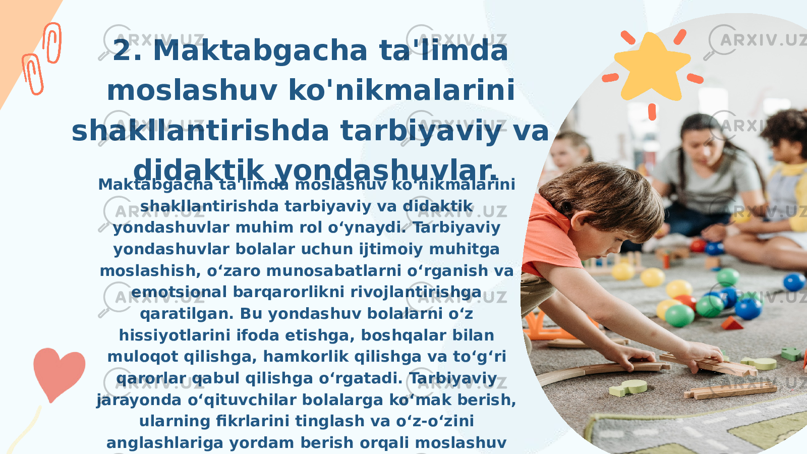 2. Maktabgacha ta&#39;limda moslashuv ko&#39;nikmalarini shakllantirishda tarbiyaviy va didaktik yondashuvlar. Maktabgacha ta&#39;limda moslashuv ko‘nikmalarini shakllantirishda tarbiyaviy va didaktik yondashuvlar muhim rol o‘ynaydi. Tarbiyaviy yondashuvlar bolalar uchun ijtimoiy muhitga moslashish, o‘zaro munosabatlarni o‘rganish va emotsional barqarorlikni rivojlantirishga qaratilgan. Bu yondashuv bolalarni o‘z hissiyotlarini ifoda etishga, boshqalar bilan muloqot qilishga, hamkorlik qilishga va to‘g‘ri qarorlar qabul qilishga o‘rgatadi. Tarbiyaviy jarayonda o‘qituvchilar bolalarga ko‘mak berish, ularning fikrlarini tinglash va o‘z-o‘zini anglashlariga yordam berish orqali moslashuv ko‘nikmalarini rivojlantirishlari mumkin. 