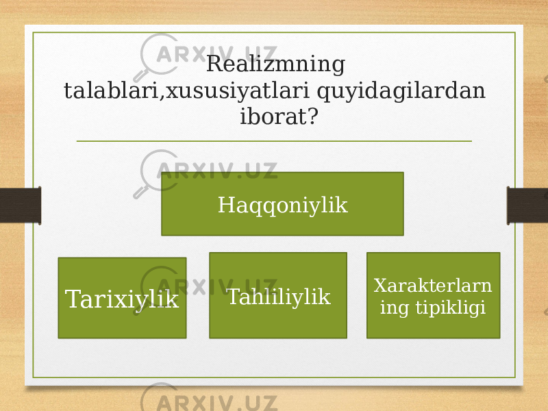 Realizmning talablari,xususiyatlari quyidagilardan iborat? Haqqoniylik Tarixiylik Tahliliylik Xarakterlarn ing tipikligi 
