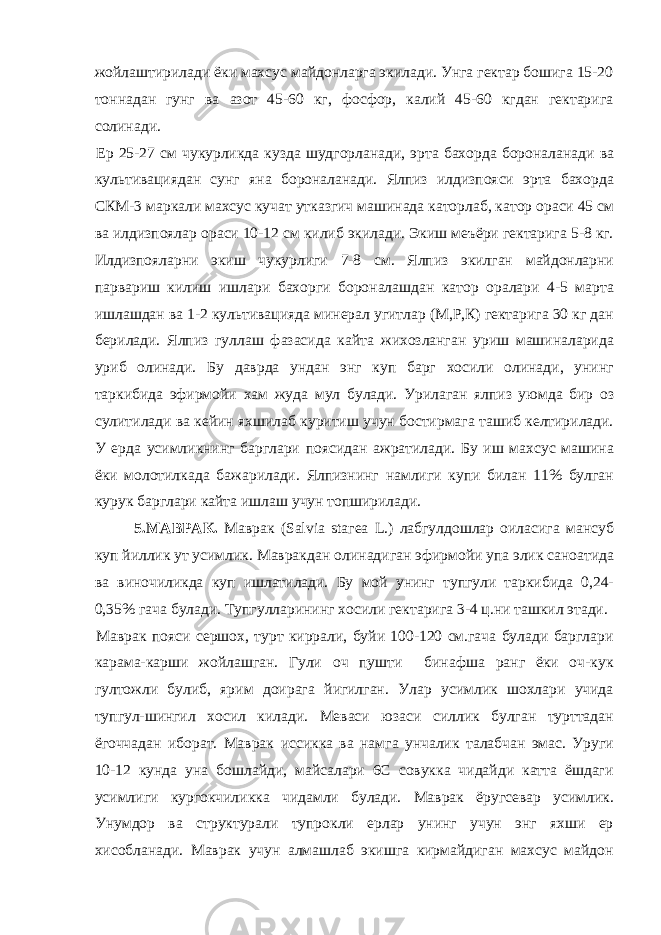 жойлаштирилади ёки махсус майдонларга экилади. Унга гектар бошига 15-20 тоннадан гунг ва азот 45-60 кг, фосфор, калий 45-60 кгдан гектарига солинади. Ер 25-27 см чукурликда кузда шудгорланади, эрта бахорда бороналанади ва культивациядан сунг яна бороналанади. Ялпиз илдизпояси эрта бахорда СКМ-3 маркали махсус кучат утказгич машинада каторлаб, катор ораси 45 см ва илдизпоялар ораси 10-12 см килиб экилади. Экиш меъёри гектарига 5-8 кг. Илдизпояларни экиш чукурлиги 7-8 см. Ялпиз экилган майдонларни парвариш килиш ишлари бахорги бороналашдан катор оралари 4-5 марта ишлашдан ва 1-2 культивацияда минерал угитлар (М,Р,К) гектарига 30 кг дан берилади. Ялпиз гуллаш фазасида кайта жихозланган уриш машиналарида уриб олинади. Бу даврда ундан энг куп барг хосили олинади, унинг таркибида эфирмойи хам жуда мул булади. Урилаган ялпиз уюмда бир оз сулитилади ва кейин яхшилаб куритиш учун бостирмага ташиб келтирилади. У ерда усимликнинг барглари поясидан ажратилади. Бу иш махсус машина ёки молотилкада бажарилади. Ялпизнинг намлиги купи билан 11% булган курук барглари кайта ишлаш учун топширилади. 5.МАВРАК. Маврак (Salvia stагеа L.) лабгулдошлар оиласига мансуб куп йиллик ут усимлик. Мавракдан о л инадиган эфирмойи упа элик саноатида ва виночиликда куп ишлатилади. Бу мой унинг тупгули таркибида 0,24- 0,35% гача булади. Тупгулларининг хосили гектарига 3-4 ц.ни ташкил этади. Маврак пояси сершох, турт киррали, буйи 100-120 см.гача булади барглари карама-карши жойлашган. Гули оч пушти бинафша ранг ёки оч-кук гултожли булиб, ярим доирага йигилган. Улар усимлик шохлари учида тупгул-шингил хосил килади. Меваси юзаси силлик булган турттадан ёгоччадан иборат. Маврак иссикка ва намга унчалик талабчан эмас. Уруги 10-12 кунда уна бошлайди, майсалари 6C совукка чидайди катта ёшдаги усимлиги кургокчиликка чидамли булади. Маврак ёругсевар усимлик. Унумдор ва структурали тупрокли ерлар унинг учун энг яхши ер хисобланади. Маврак учун алмашлаб экишга кирмайдиган махсус майдон 